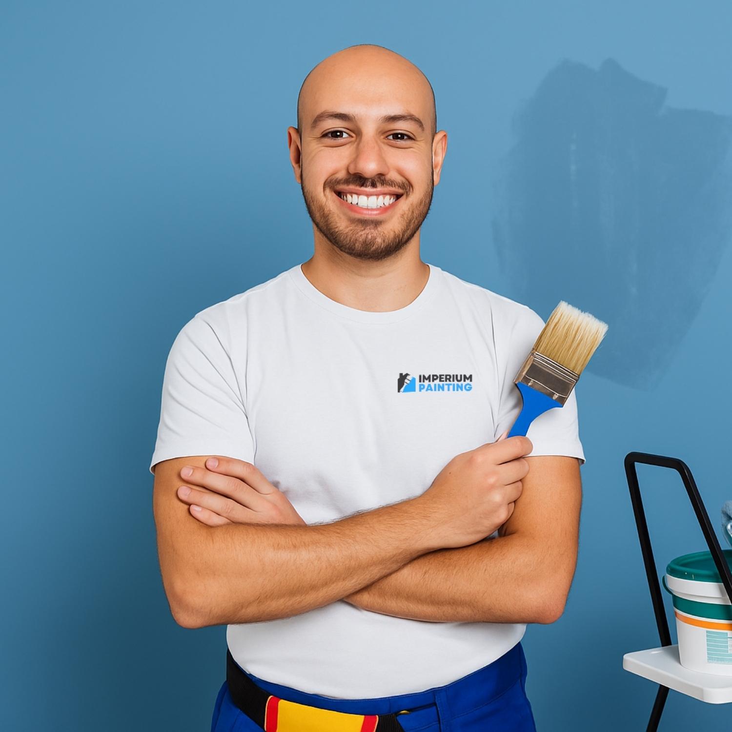 Handsome painter smiling front view holding paint brush with arms folded with blue backdrop and bucket on a step ladder