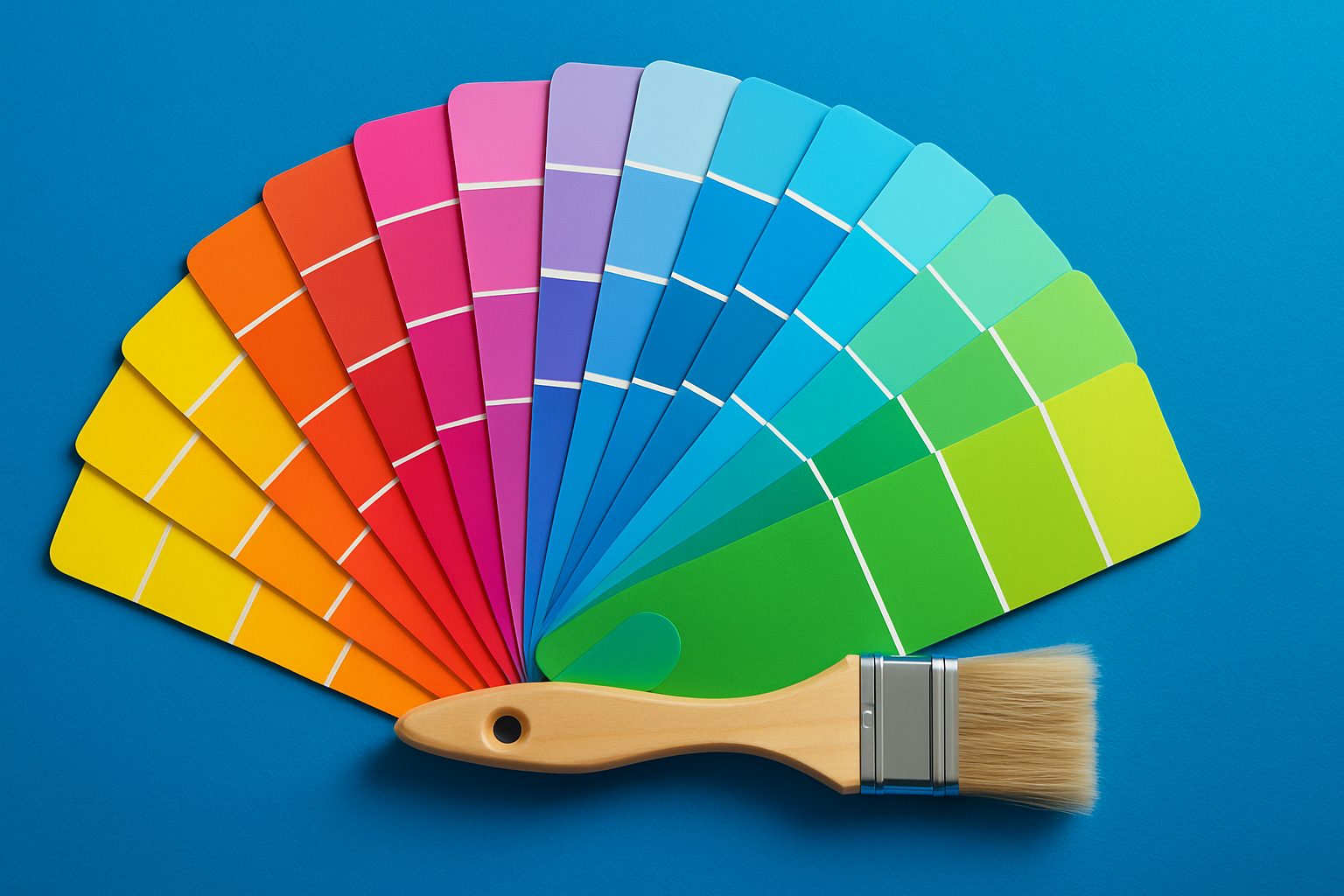 colour swatches spread out like a rainbow against blue background and wooden paint brush laying beneath